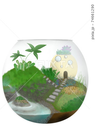 丸い家のある水辺の苔テラリウム 背景透過タイプ 白背景タイプ のイラスト素材
