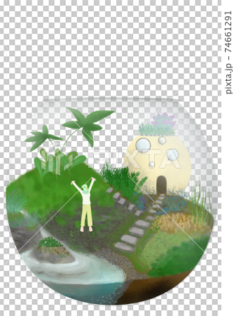鳥になって深呼吸する女性のいる 丸い家と池のある苔テラリウム 背景透過タイプ 白背景タイプ のイラスト素材