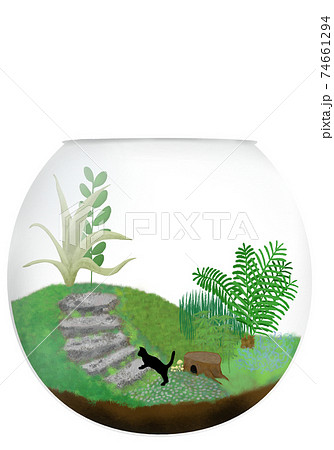 黒猫と切り株 きのこ 石段のある苔テラリウム背景透過タイプ 白背景タイプ のイラスト素材