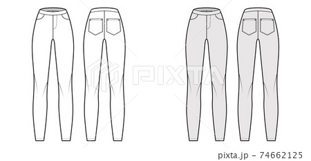 Jeggings technical fashion illustration with normal waist, high rise, full length, angled pockets. Flat Pants bottom 74662125