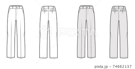 Pants tailored technical fashion illustration with low waist, rise, full length, slant slashed pockets, belt loops. Flat 74662137