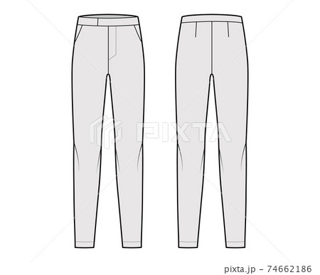 Pants cigarette technical fashion illustration with extended low waist, rise, full length, slant slashed pockets. Flat  74662186