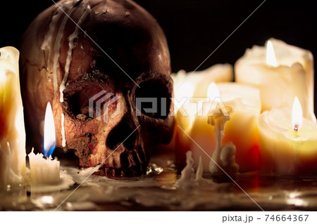 Human skull against dark background in candle light closeup Human skull against dark background in candle light closeup 74664367