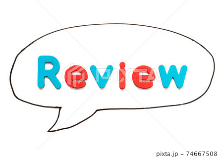 Alphabet letter with word review in black line hand drawing as bubble speech on white board background Alphabet letter with word review in black line hand drawing as bubble speech on white board background 74667508