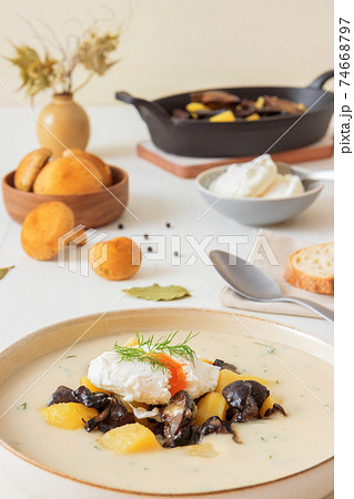 Kulajda, favourite tasty Czech mushroom soup. Thick creamy soup with fresh forest mushrooms, poached eggs and potatoes. Favorite season mushroom lunch or dinner in Czech Republic. Kulajda, favourite tasty Czech mushroom soup. Thick creamy soup with fresh forest mushrooms, poached eggs and potatoes. Favorite season mushroom lunch or dinner in Czech Republic. 74668797