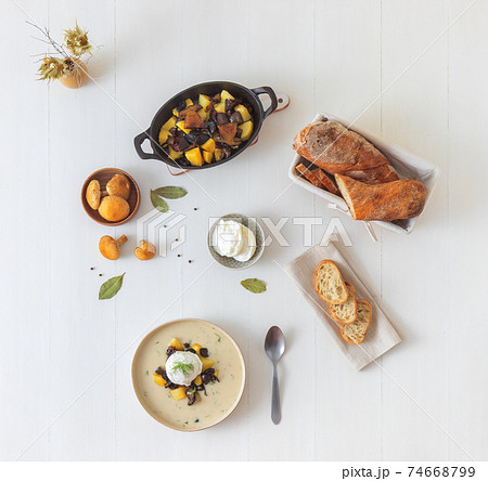 Kulajda, favourite tasty Czech mushroom soup. Thick creamy soup with fresh forest mushrooms, poached eggs and potatoes. Favorite season mushroom lunch or dinner in Czech Republic. 74668799