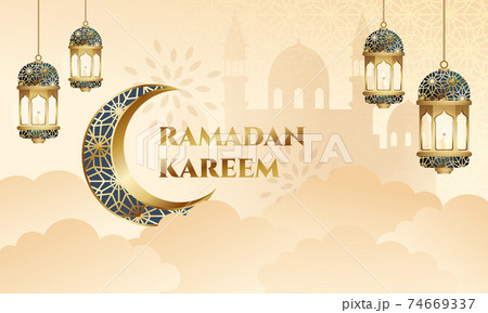 Ramadan Kareem greeting card with mosque silhouette and decorative lantern. Realistic vector design Ramadan Kareem greeting card with mosque silhouette and decorative lantern. Realistic vector design 74669337