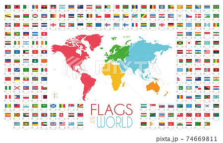 204 world flags with world map by continents vector illustration 74669811