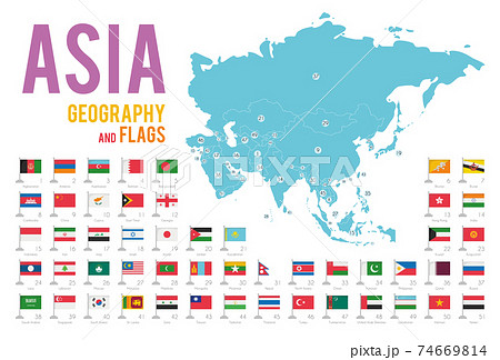 Set of 51 flags of Asia isolated on white background and map of Asia with countries situated on it. Set of 51 flags of Asia isolated on white background and map of Asia with countries situated on it. 74669814