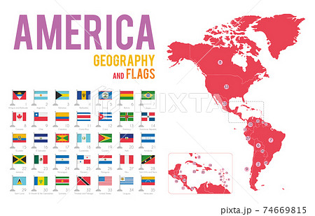 Set of 35 flags of America isolated on white background and map of America with countries situated on it. 74669815