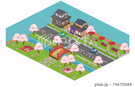 春、4月の桜の季節の日本の街並みの風景ベクターイラスト(アイソメトリック、アイソメ) 74670088