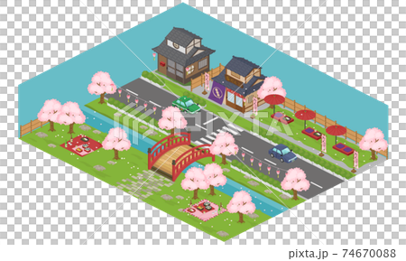 春、4月の桜の季節の日本の街並みの風景ベクターイラスト(アイソメトリック、アイソメ) 74670088