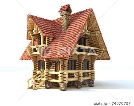 Wooden House 3d Illustration On Whiteのイラスト素材