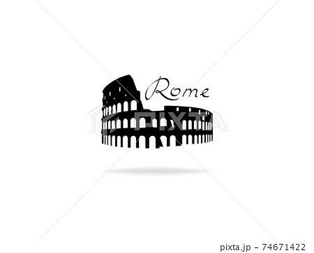 Rome travel landark Coliseum. Italian famous place Coliseum silhouette icon with handwritten Lettering Rome. Rome travel landark Coliseum. Italian famous place Coliseum silhouette icon with handwritten Lettering Rome. 74671422