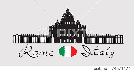 Rome travel landark Saint Peter Cathedral. Italian famous place San Pietro square silhouette icon with handwritten Lettering Rome Italy and italian flag. 74671424