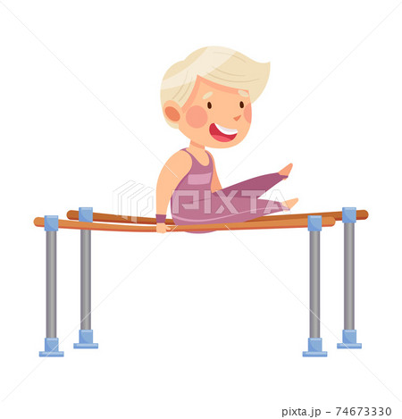 Little Blond Boy Doing Gymnastics on Parallel Bars Vector Illustration 74673330