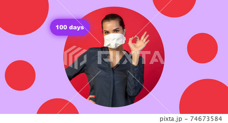 Woman in protective face mask on bright studio background. New rules of COVID spreading prevention 74673584
