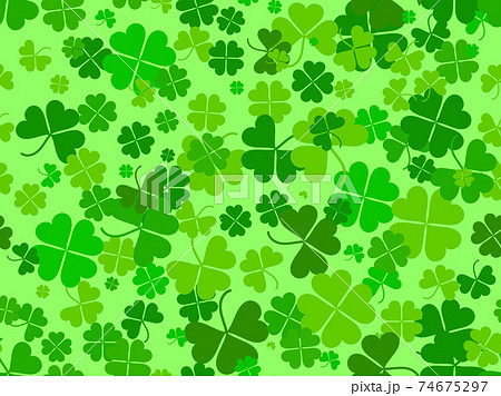 Seamless pattern with clover for Saint Patrick's Day. Green shades of four-leafed and three-leafed clover. Background for advertising products, postcards and printing. Vector illustration 74675297