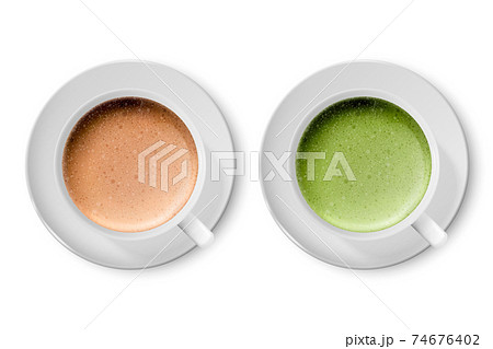 Vector 3d Realistic Ceramic White Coffee Porcelain Ceramic Mug, Cup, Saucer Set Closeup Isolated on White Background. Brown, Green Milk Foam, Latte, Capuccino, Mocha, Matcha. Design Template. Top View Vector 3d Realistic Ceramic White Coffee Porcelain Ceramic Mug, Cup, Saucer Set Closeup Isolated on White Background. Brown, Green Milk Foam, Latte, Capuccino, Mocha, Matcha. Design Template. Top View 74676402