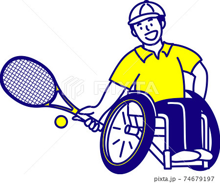 パラスポーツ 車椅子テニスでフォアハンドでボールを打ち返している男性イラストのイラスト素材