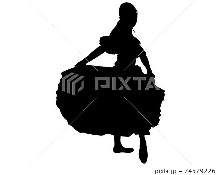 ドレスを着てポーズを取るバレエダンサーのシルエットのイラスト素材