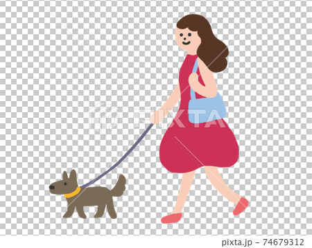 犬の散歩をする女性の全身イラスト 犬の散歩をする女性の全身イラスト 74679312