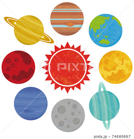 太陽系惑星のイラスト 太陽と水金地火木土天海 手書き風のイラスト素材