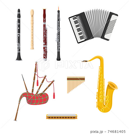 Vector illustration set of woodwind musical instruments in cartoon style isolated on white background 74681405