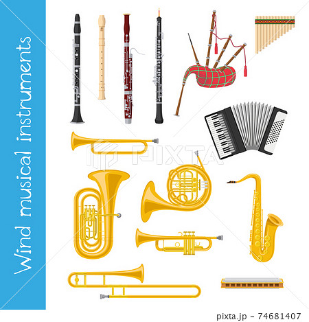 Vector illustration set of wind musical instruments in cartoon style isolated on white background Vector illustration set of wind musical instruments in cartoon style isolated on white background 74681407