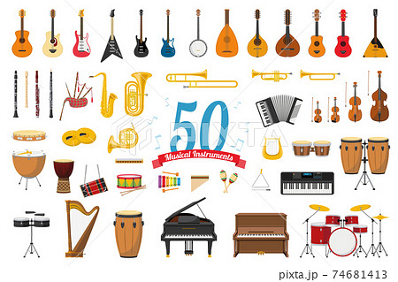 Vector illustration set of 50 musical instruments in cartoon style isolated on white background 74681413