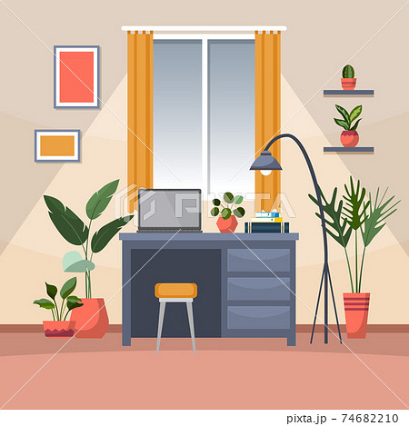 Tropical Houseplant Green Decorative Plant in Office Workspace Illustration 74682210