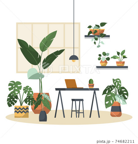 Tropical Houseplant Green Decorative Plant in Office Workspace Illustration Tropical Houseplant Green Decorative Plant in Office Workspace Illustration 74682211