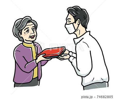 宅配弁当を手渡す配達員のイラスト素材 宅配弁当を手渡す配達員のイラスト素材