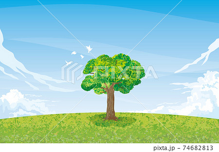 草原に立っている樹木のイメージイラスト ハト のイラスト素材