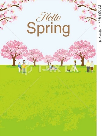 花見を楽しむ人々　満開の桜　縦長A4比率　文字付き"Hello Spring" 74683022