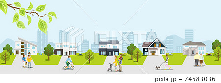 春の住宅街　新緑　人物つき　横長 74683036