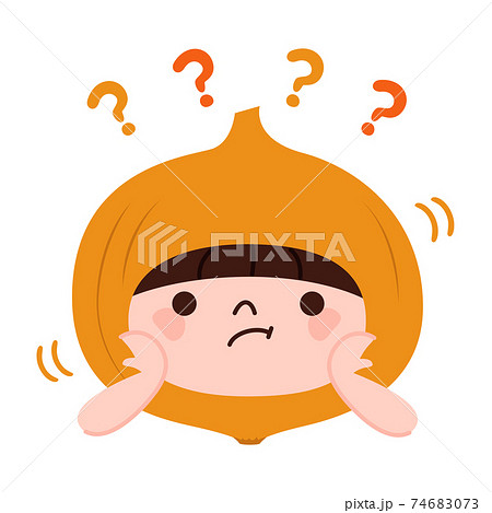 クエスチョンマークの玉葱のキャラクター 野菜のタマネギの被り物をした男の子 のイラスト素材