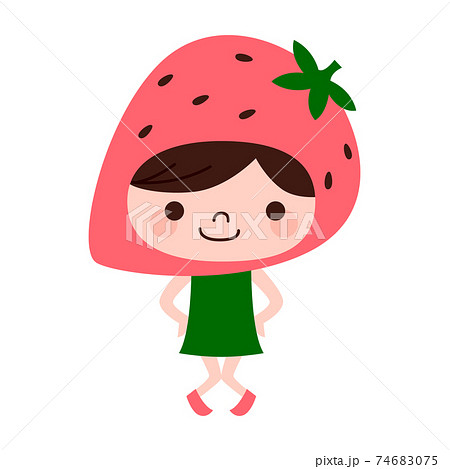 苺のキャラクター 果物のイチゴの被り物をした女の子 のイラスト素材