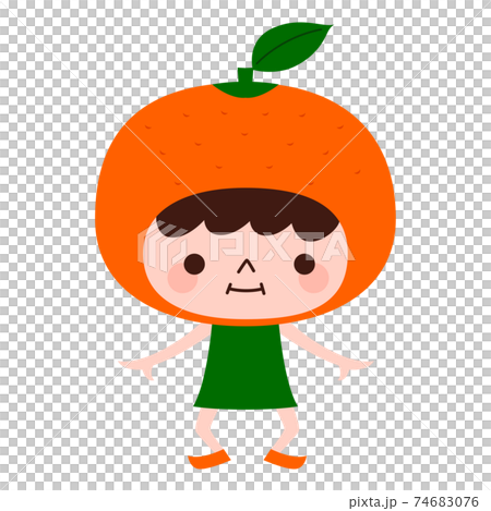 ミカンのキャラクター 果物の蜜柑の被り物をした男の子 のイラスト素材