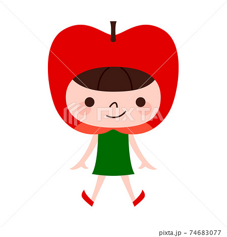 林檎のキャラクター 果物の赤いリンゴの被り物をした女の子 のイラスト素材