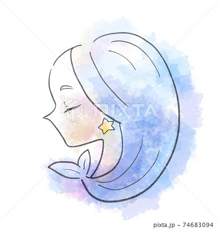 青色の髪で目を閉じている横顔の女性の星座イラストうお座のイラスト素材