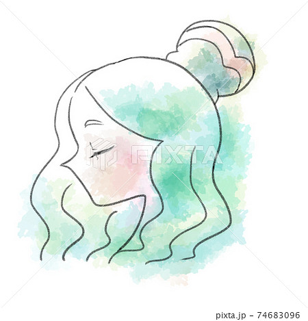 緑色の髪で目を閉じている横顔の女性の星座イラストみずがめ座のイラスト素材