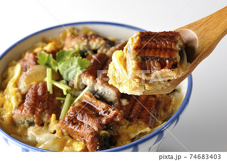 鰻の蒲焼きを卵でとじたうな玉丼を食べる(白背景) 鰻の蒲焼きを卵でとじたうな玉丼を食べる(白背景) 74683403
