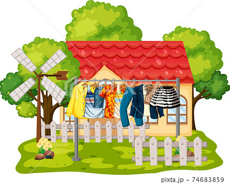 Front of house with clothes hanging on clotheslines Front of house with clothes hanging on clotheslines 74683859
