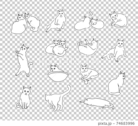 全身の猫　色々なポーズの猫のシンプルイラストセット　モノクロ 74683996