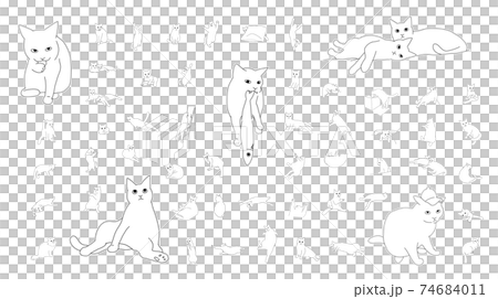 毛づくろい、子猫、長毛種の猫　色々な仕草・ポーズの猫のシンプルなイラストセット　線画モノクロ 74684011