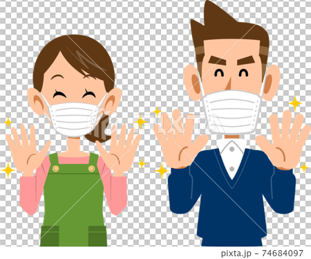 手洗いをしてマスクをつけた笑顔の若い夫婦の上半身 74684097