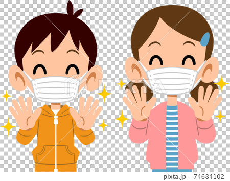 手洗いをしてマスクをつけた笑顔の姉弟の上半身 手洗いをしてマスクをつけた笑顔の姉弟の上半身 74684102