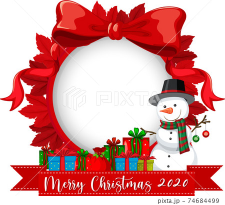 Red ribbon frame with Merry Christmas 2020 font logo and snowman cartoon character Red ribbon frame with Merry Christmas 2020 font logo and snowman cartoon character 74684499