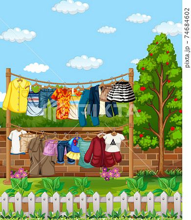 Many clothes hanging on a line outside the house scene Many clothes hanging on a line outside the house scene 74684602